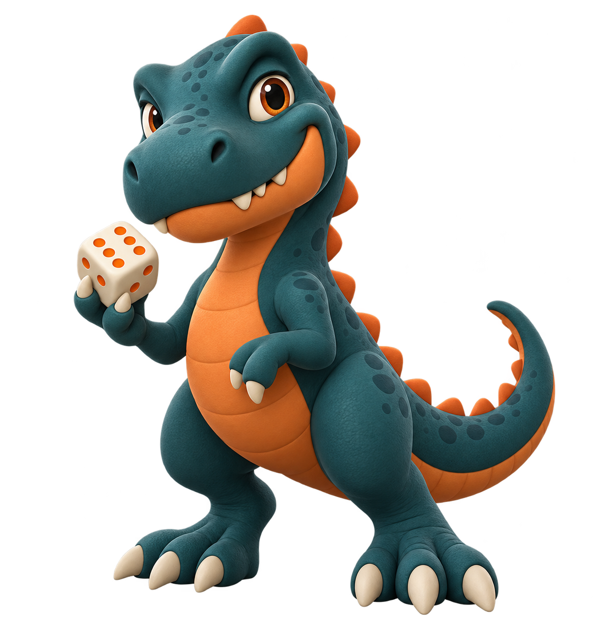 Mascota Dadosaurio: un dinosaurio azul petróleo con un dado naranja
